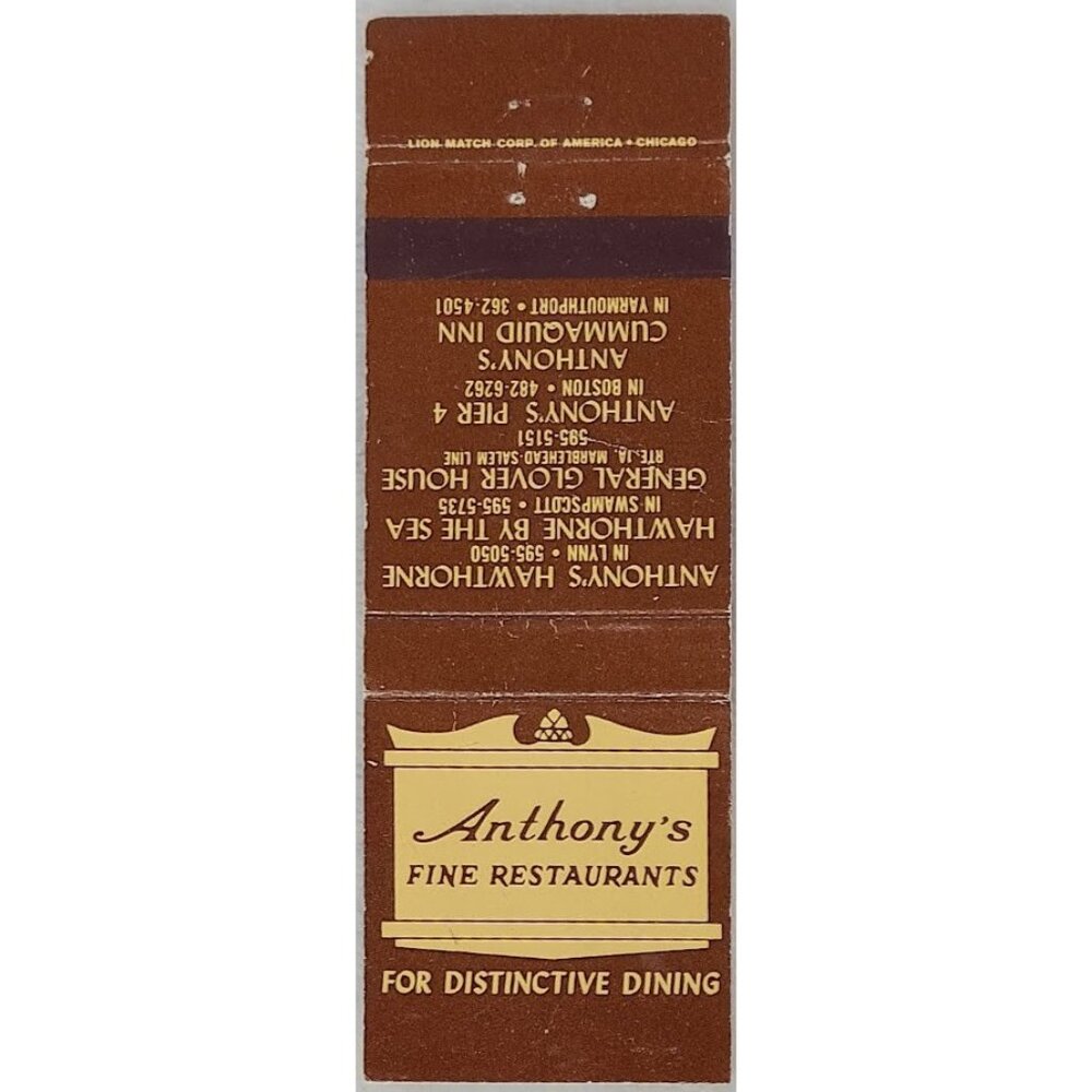 Vintage Matchbook Cover Anthony's Fine Restaurant MA Boston Swampscott Lynn